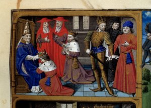 Scènes uit het leven van Karel de Grote (742-814) Koning van de Franken: de kroning door Paus Leo III. Miniatuur uit het manuscript “Speculum historiale” (Le Mirror historial) door Vincent de Beauvais (1184/94-1264) verlucht door Meester Francois