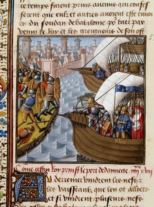 Zevende Kruistocht: Koning Saint Louis (1214-1270) en de kruisvaarders belegeren Damietta in juni 1249 in Neder-Egypte. Miniatuur uit het manuscript 