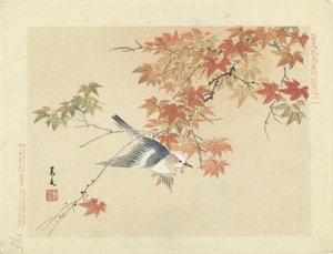 Vogel vliegend bij herfsttakken (Bloemen- en vogelschetsen van Keibun) door Matsumura Keibun