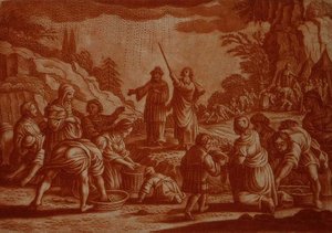 De Israëlieten verzamelen manna, illustratie uit een Bijbel, gegraveerd door Gabriel Bodeneer (1673-1766) (sepia gravure) door Mattaus II (after) Merian
