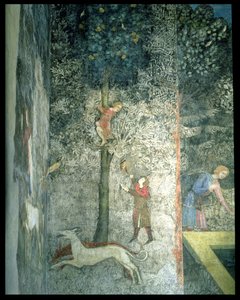 Jachthonden en mannen die in een boom klimmen, detail van het decoratieve schema uit La Chambre du Cerf