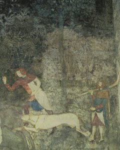 Mannen jagen met honden, detail van decoratief schema uit La Chambre du Cerf