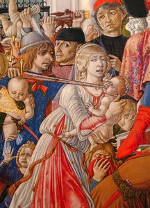 De Kindermoord, detail van een soldaat die een baby doorboort met zijn zwaard (detail) door Matteo di Giovanni di Bartolo