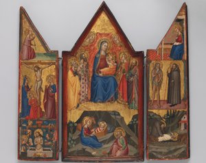 Madonna en Kind op de Troon met Heiligen..., en hieronder de Geboorte..., ca. 1380-90