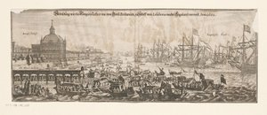 Vertrek van de vloot met Catharina van Bragança naar Engeland, 20 april 1662 door Matthäus Merian (II)
