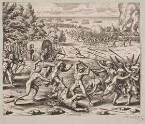 Zodra ze aankwamen bij de nederzetting van de wilden zag meneer St. John 300 Caribische mensen door Matthäus Merian d.Æ.