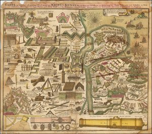 1720 allegorische kaart van Seutter met de kunst van oorlog voeren, over land en over zee door Matthäus Seutter