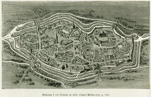 Mulhouse vliegt in 1642. Gravure door Matthaus Merian (1593-1650) ter illustratie van het verhaal 