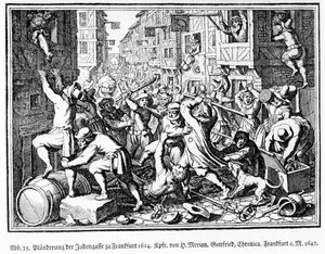 Plundering van de Joodse steeg tijdens de Fettmilch-rellen in Frankfurt op 22 augustus door Matthaus the Elder (after) Merian