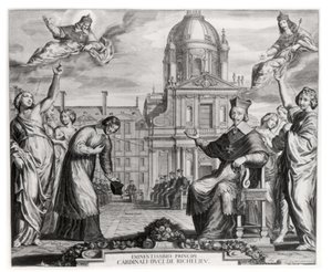 Robert de Sorbon (1201-94) en Kardinaal Richelieu (1575-1642) voor de Sorbonne, gegraveerd door Gregoire Huret (1606-70) 1639