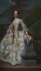 Portret van Charlotte Beatrix Strick van Linschoten (b. 1732), tweede vrouw van Gerard Cornelis van Riebeeck, vermoedelijk voor haar landhuis Eemwijck in Voorburg