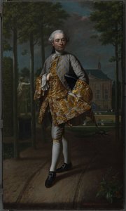 Portret van Gerard Cornelis van Riebeeck (1722-1759), secretaris van Delft, vermoedelijk staand voor zijn buitenhuis Essensteyn te Voorburg