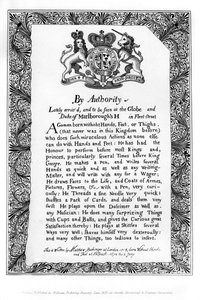 Kalligrafische tentoonstellingsaffiche van Matthew Buchinger, Dwerg van Neurenberg, 1717, 1840