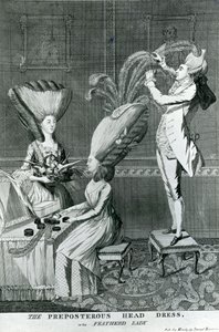 Het belachelijke hoofddeksel, of de gevederde dame, 1776 door Matthew or Matthias Darly