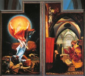 De Aankondiging en Opstanding van Christus, detail van het Isenheim Altaarstuk, ca. 1512-16