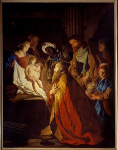 De aanbidding der wijzen door Matthias (c.1600 p.1650) Stomer