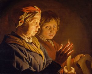 Oude Vrouw en een Jongen bij Kaarslicht, 1630-1650 door Matthias Stomer