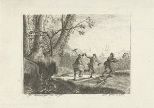 Landschap met drie dansende boeren door Matthieu van Plattenberg