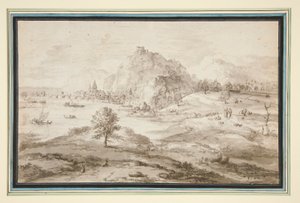 Bergachtig landschap met haven en stad door Matthys Cock
