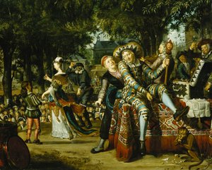 Een groep acteurs die voor een menigte optreedt
