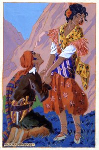 Ontmoeting tussen Don Jose en Carmen, c. 1930 (illustratie) door Maurice Berty