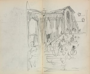 Italiaans schetsboek: Brug met figuren pagina 95 & 96, 1898-1899 door Maurice Brazil Prendergast