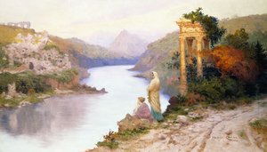 Figuren bij een rivier met klassieke ruïnes