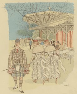 Een Schotse man in traditionele Hooglandse kledij tussen de mensen van Cannes, Frankrijk