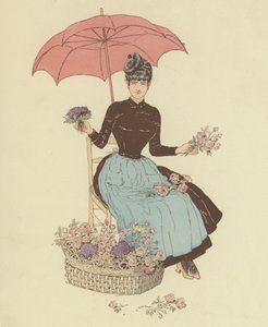 Vrouw zittend onder een paraplu bloemen verkopend