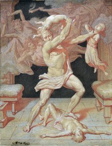 Hercules, gek gemaakt door Hera, vermoordt zijn kinderen (tekening) door Maurice De Vaines