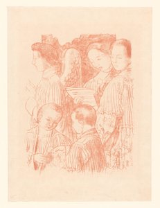 Drie zingende engelen en twee koorknapen tijdens de Heilige Mis door Maurice Denis