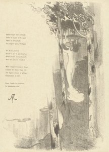Illustratie met staande naakte vrouw tussen bomen bij een meer bij gedicht Petit Air van Stéphane Mallarmé door Maurice Denis