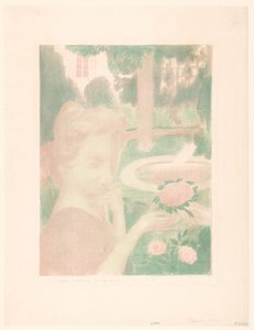 Jonge vrouw krijgt bloemenboeket in een tuin door Maurice Denis