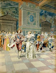 Geschiedenis van Frankrijk: George Villiers, hertog van Buckingham (1592-1628) aan het hof van Frankrijk, strooide zijn parels onder de voeten van de hovelingen. Illustratie door Maurice Leloir (1853-1940) in 