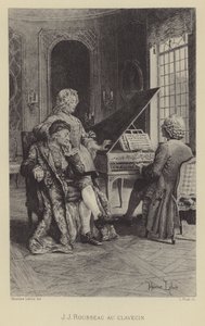 Jean-Jacques Rousseau aan het klavecimbel (gravure)