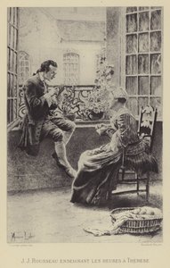 Jean-Jacques Rousseau leert Therese de uren door Maurice Leloir