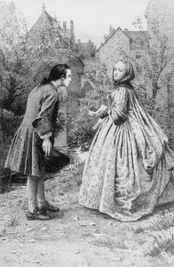 Ontmoeting van de jonge Jean-Jacques Rousseau en toekomstige goede vriend Madame de Warens, 21 maart 1728 (gravure) door Maurice Leloir