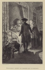 Rousseau gewaarschuwd voor het gevaar dat hem bedreigt (gravure) door Maurice Leloir