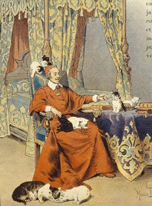 De kardinaal speelt met zijn katten die hij bijzonder liefhad - in "Richelieu" door Maurice Leloir, begin 20e eeuw