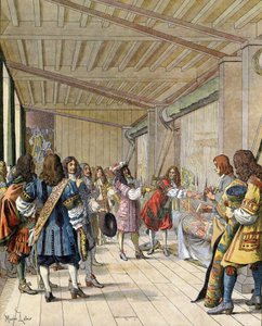 De schilder Charles Lebrun legt uit aan Lodewijk XIV, bekend als de Zonnekoning door Maurice Leloir