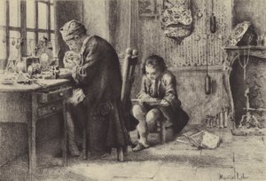 De jonge Jean-Jacques Rousseau lezend terwijl zijn vader werkt door Maurice Leloir