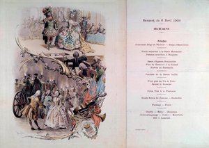 Huwelijksmenu met illustratie door Maurice Leloir (1851-1940) van bals in kostuums en galante scènes, 6/04/1900 door Maurice Leloir