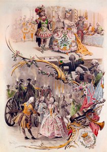 Huwelijksmenu met illustratie van Maurice Leloir van bals in kostuums en galante scènes, 6/04/1900