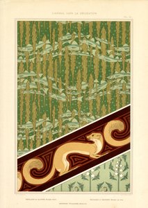 Decoratieve Art Nouveau patronen met vissen, hermelijn en lelietjes-van-dalen (litho) door Maurice Pillard Verneuil