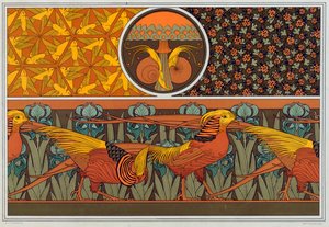 Ontwerpen voor behangrand en stof: Vogels, lieveheersbeestjes en meisjeshaarvaren, uitgegeven 1897 door Maurice Pillard Verneuil