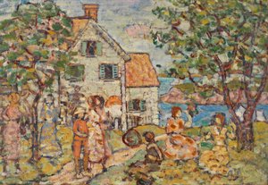 Strand en twee huizen door Maurice Prendergast
