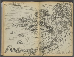 Schetsboek - The Granite Shore Hotel, Rockport, pagina 008  9: "Gloucester- The Road". door Maurice Prendergast