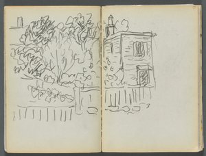 Schetsboek - Het Granite Shore Hotel, Rockport, pagina 054  55: Huis en omheinde tuin door Maurice Prendergast