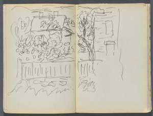 Schetsboek - The Granite Shore Hotel, Rockport, pagina 058  59: Huis en omheinde tuin door Maurice Prendergast
