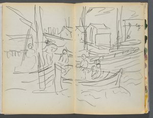 Schetsboek - The Granite Shore Hotel, Rockport, pagina 114 115: Figuren op een zeilboot door Maurice Prendergast